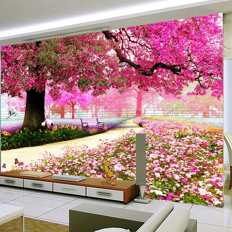 

Custom Photo Wallpaper Mural TV Background Wall Bedroom Living Room Pink Cherry Tree Garden 3D Wallpaper Mural