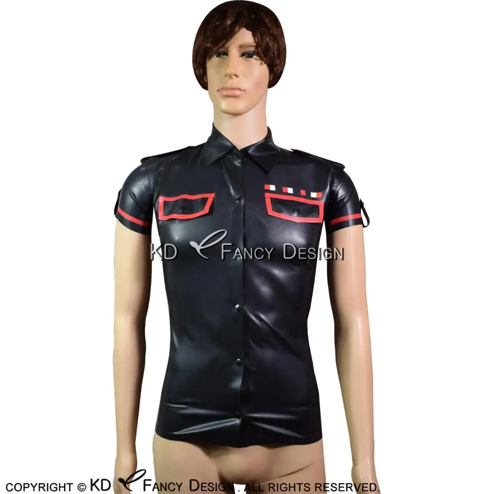 Сексуальная Военная латексная рубашка с накладками на карманах, короткие рукава, пуговицы спереди, резиновая блузка, одежда, YF-0057