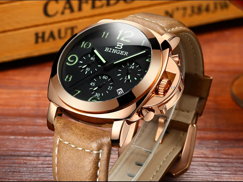 New BINGER Luxury Brand Quartz Watches Men analog chronograph Clock Men Sports Military Leather Strap Fashion Wrist Watch