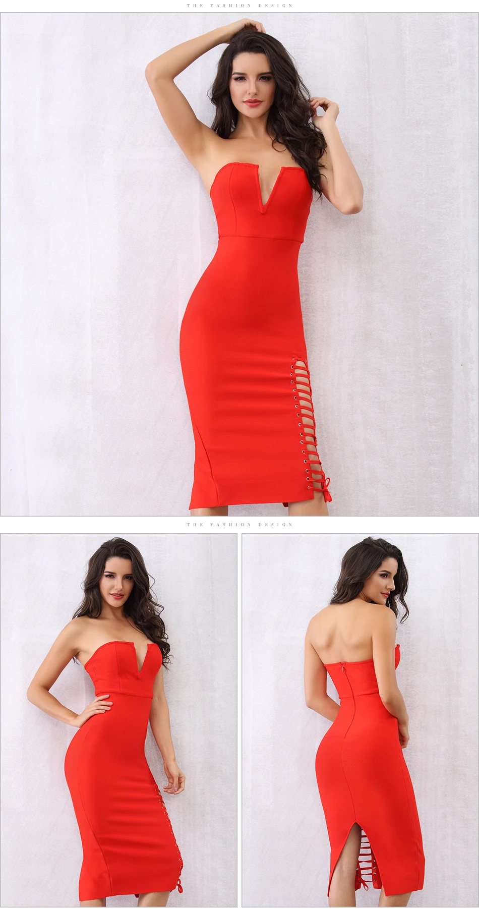 Black Red Strapless Side Lace Up Bodycon Bandage Dress