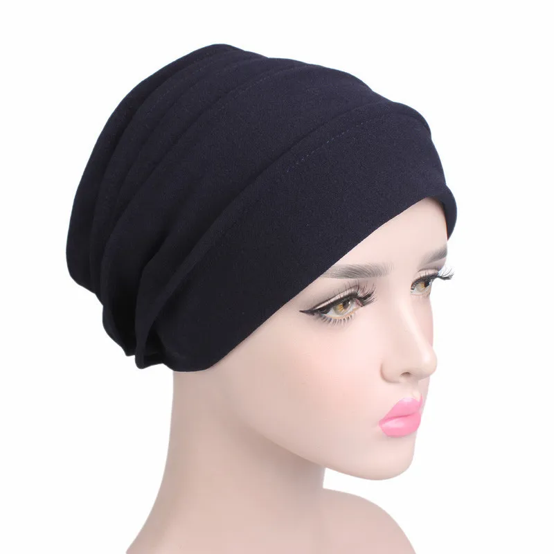 Новинка, эластичная Шапка-тюрбан, женские хиджабы, мусульманские шапки, женские аксессуары для волос, простой дизайн, банданы, головной убор для девочек, Skullies - Цвет: black