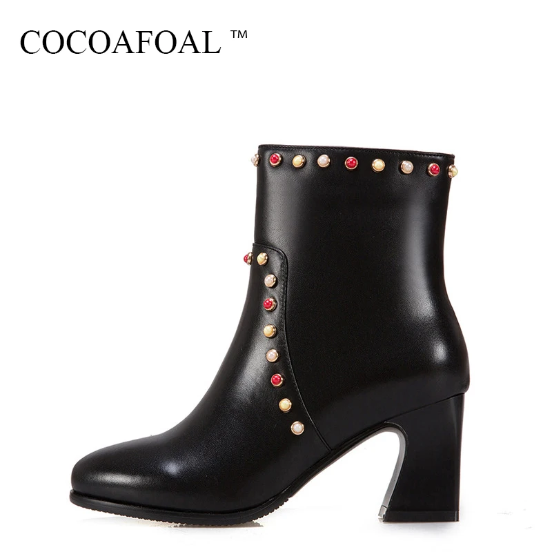 

COCOAFOAL Woman Genuine Leather String Bead Ankle Boots Winter Plus Size 33 43 Black Martin Boots White Red High Heeled Shoes