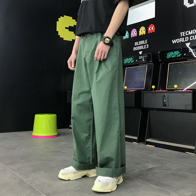 

Wide Leg Opening Loose Style Pants Men 2018 New Front Pleated Men's Pants Full Length Man Trousers Green Khaki Cotton