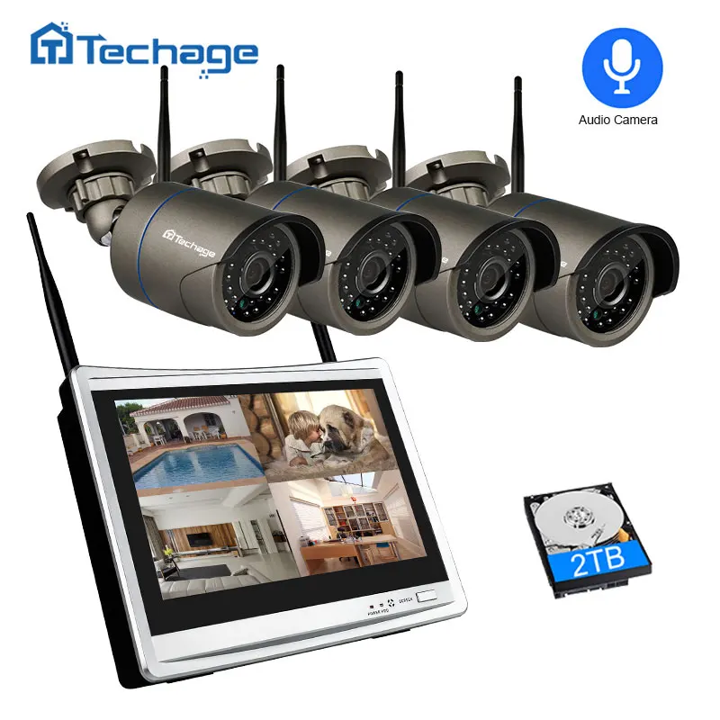 Беспроводная камера видеонаблюдения Techage 4 канала 1080 P 12 дюймов ЖК дисплей NVR 2 Мп