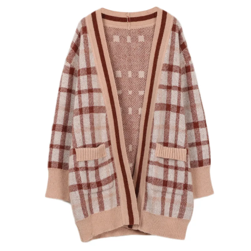

GRUIICEEN 2018 open stitch knitting long sweater coat V-neck plaid pattern casual sweater cardigan GY2018411