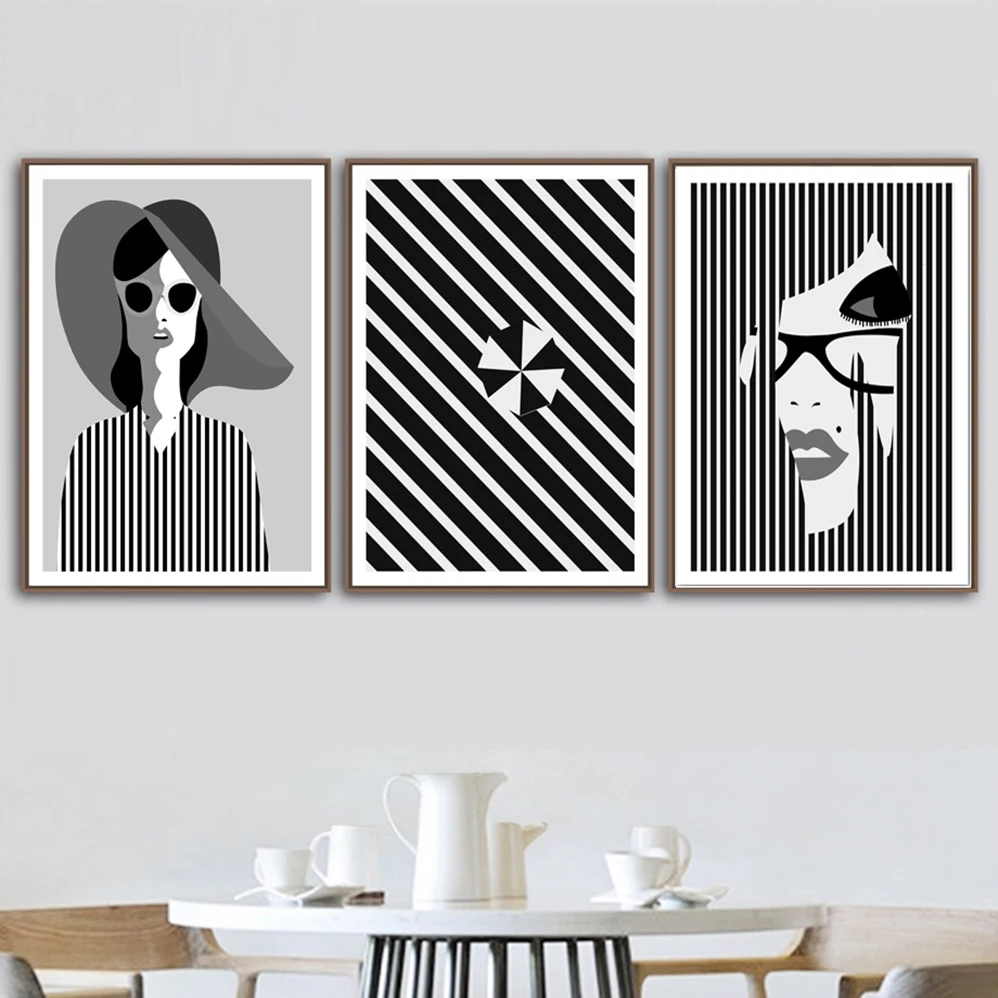 Black White Line Drawing Wall Art Print Canvas Painting Minimalist Girl