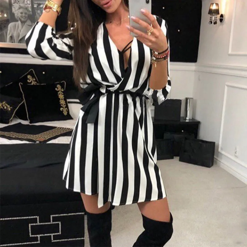 

Hot Sale Summer Sexy V-neck Loose Stripes Waist Long Sleeve Waist Dress Plus Size Women's Clothing New Arrival