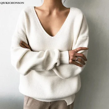 

V Neck Korean Style Women Sweater Autumn Winter Lazy Wind Irregular Hem Design Long Sleeve Ladies Casual Pullover pull femme