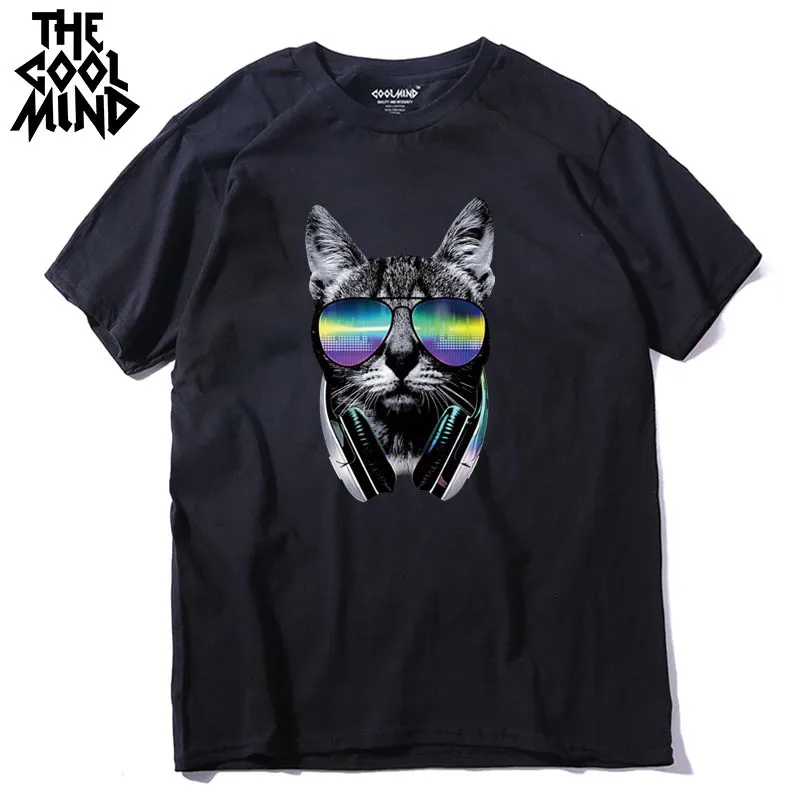

COOLMIND QI0313A fashion hiphop short sleeve music cat printed men T shirt funny cool summer crewneck mens T shirt tops tees