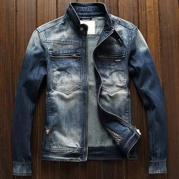 

2019 US Style Original Motorcycle Denim Jacket Mans Name Brand Vintage Mens Jeans Jacket Plus Size XXXL Biker Streetwear A756