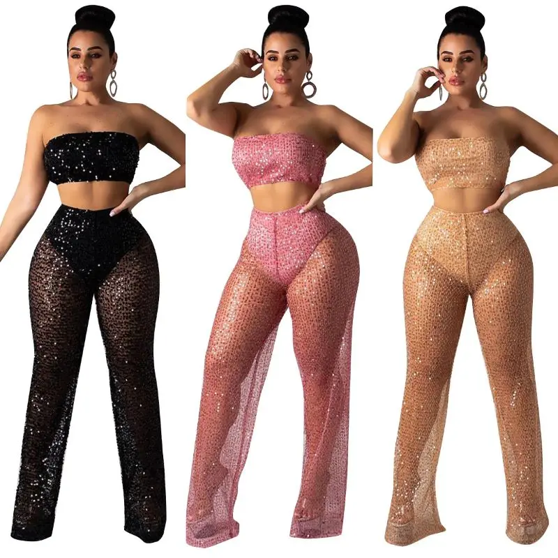 

2019 explosion style fashion urban casual lace sequins stitching perspective gauze hollow tube top set