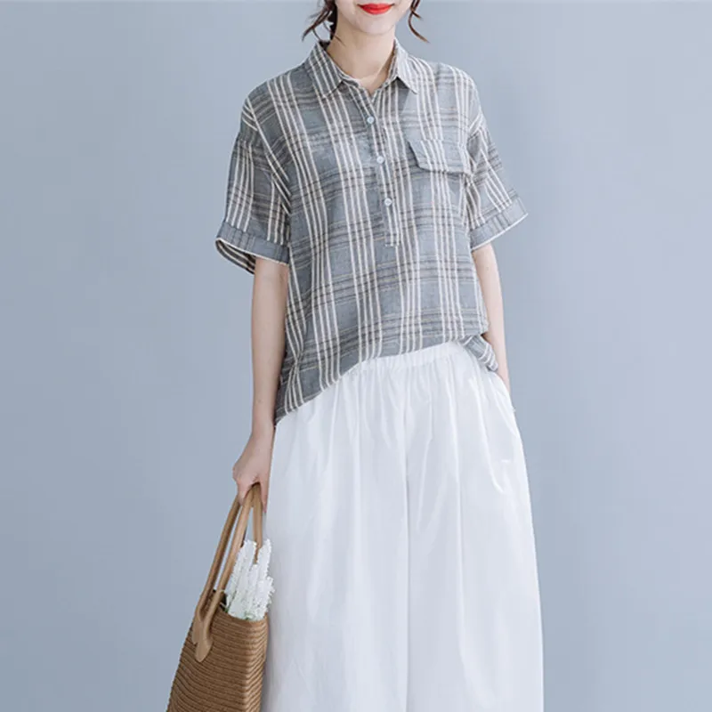 

Johnature 2019 Korean Loose Vintage Plaid Turn-down Collar Short Sleeve Button Women Tops And Blouses Summer New Korean Shirts
