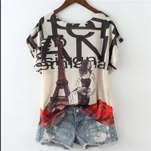 Новое поступление, модная женская тонкая свободная футболка с коротким рукавом и двойным принтом из шелка и хлопка