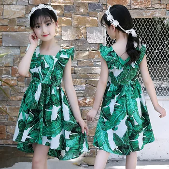 

Girl's Sleeveless Square Sleeveless Green Leaves Lotus Leaf Summer Dresses Big Girl's Big Expansion Casual Fashion Dresses