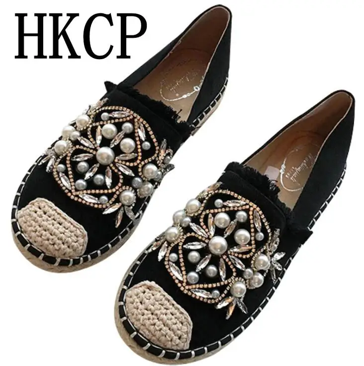 

New 2019 women Spring autumn fashion fisherman shoes female flat bottom loafers beaded rhinestone casual flat with lazy shoes