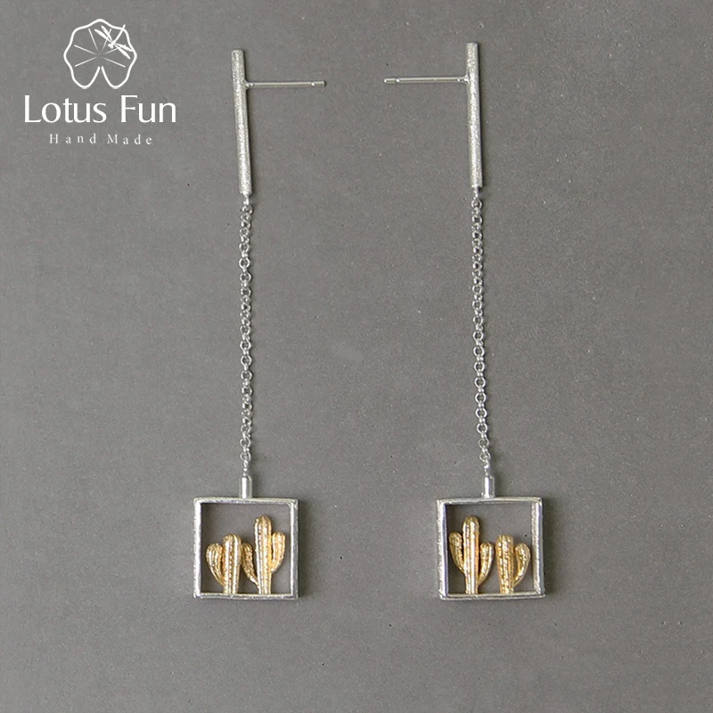 

Lotus Fun Real 925 Sterling Silver Handmade Fine Jewelry Desert Series Creative Cactus Design Dangle Earrings for Women Bijoux