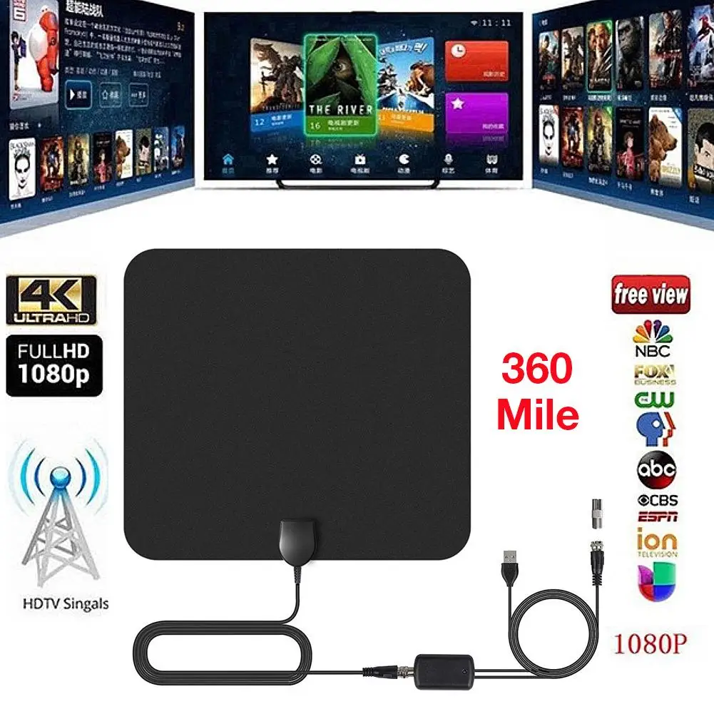 360 км цифровая ТВ Антенна Внутренняя HD ТВ антенна UHF/VHF/1080 P 4K HD Антенна с усилителем сигнала IEC конвертер