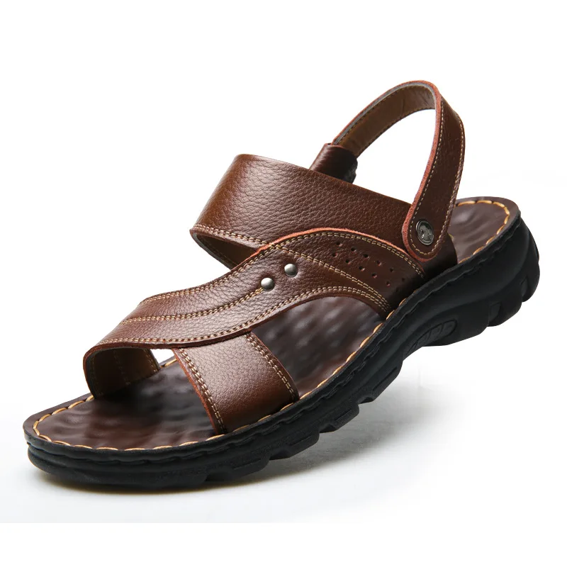 Летняя обувь мужские пляжные сандалии натуральная кожа толстая подошва мужские сандалии Нескользящие мужские Праздничная обувь A1233 - Цвет: Dark brown