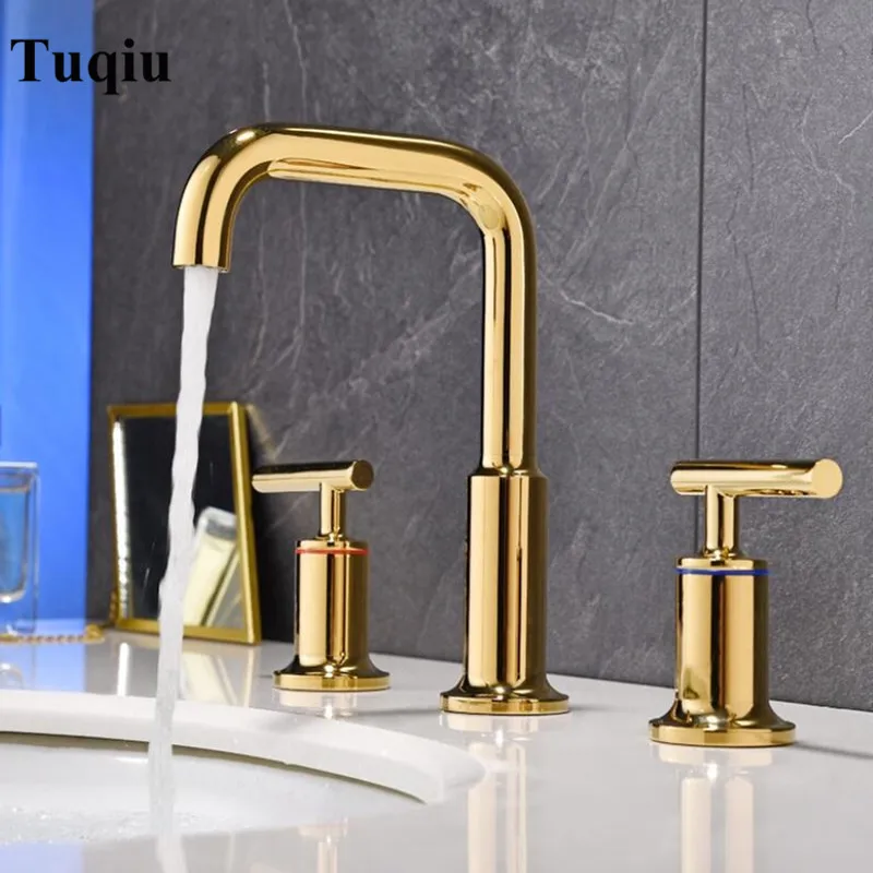 Basin Faucets Polished gold North American style Bathroom Sink Faucet widespread 3 Hole Bathroom