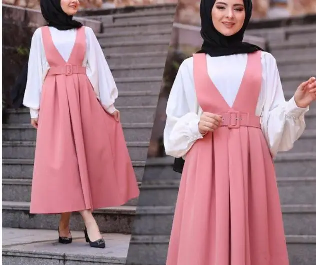 

Fashion High Waist Straps Skirt Women Muslim Bottoms big swing Long Skirts With Belt Party Ramadan Middle East Islamic Clothes