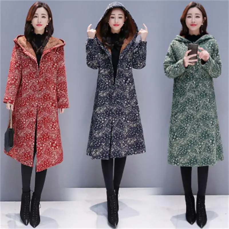 

Fashion women's winter ethnic style retro loose cotton and velvet thick warm coat hooded floral long coat female Ms Wild tide