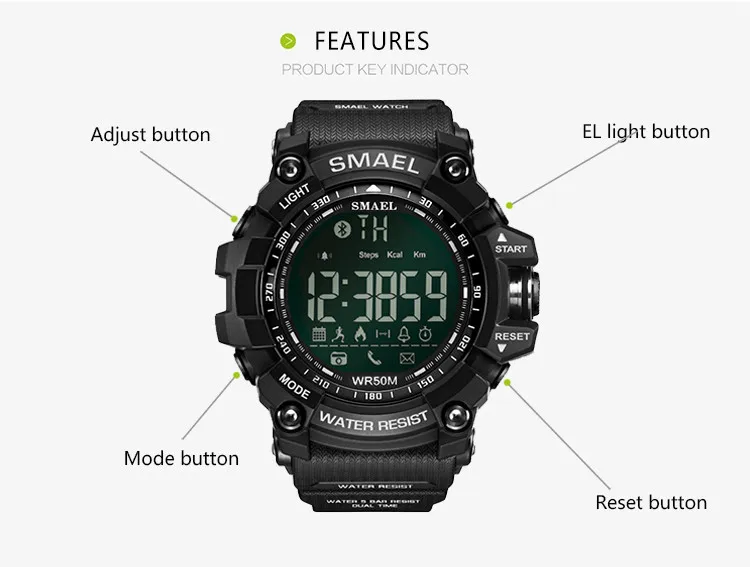 Новые SMAEL Модные мужские Смарт часы Bluetooth цифровые спортивные наручные часы водонепроницаемые# NN0311