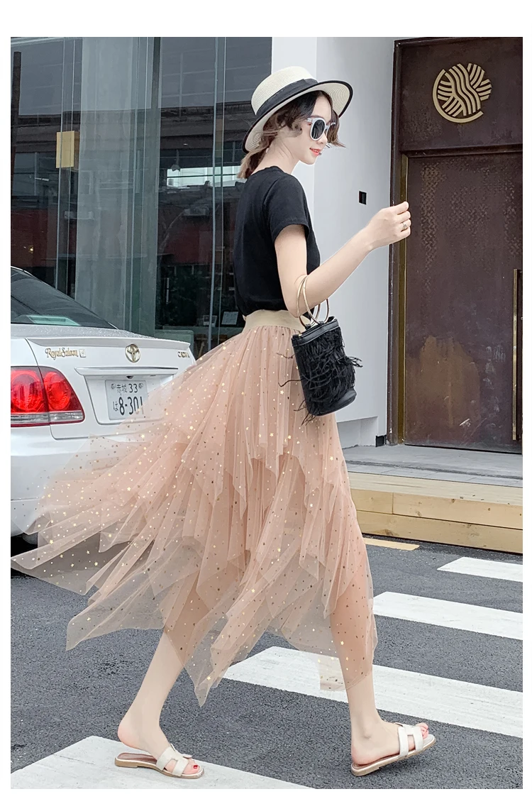 Women's Skirts Summer 2020 New Korean Stars Sequin Elegant High Waist A-line Pleated Elastic Belt School Spring Midi Skirt Femme