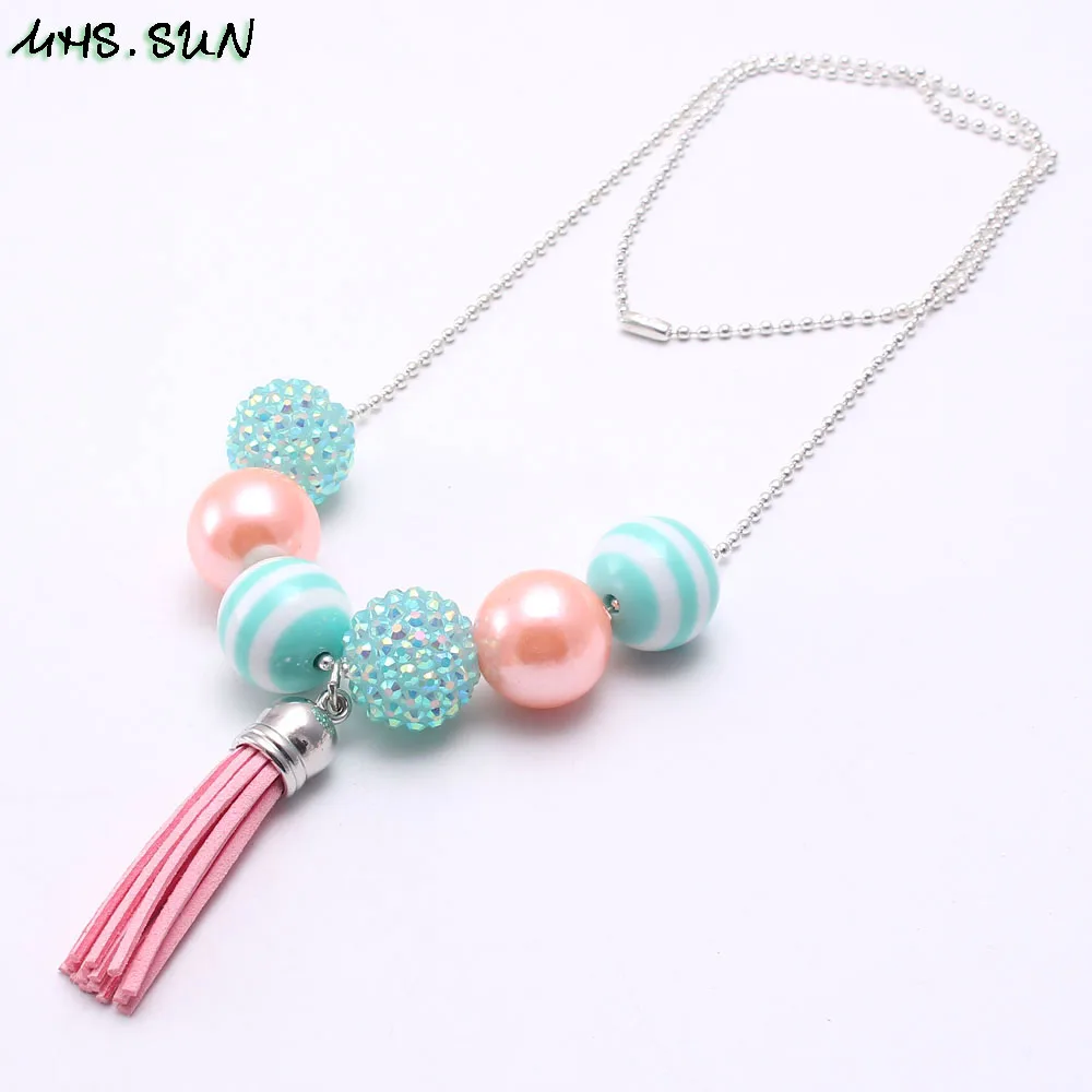 BN593-1 (4),$1.8-1PC,50g.1PCLot Pink Tassel Pendant New Design Baby Girl Kids Chunky Beads Necklace Handmade Bubblegum Necklace Chains JewelryJPG