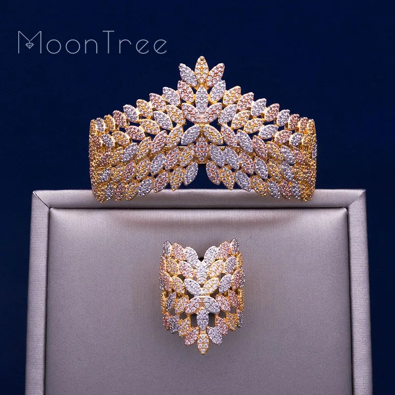 

MoonTree New Arrive Luxury Nail Shape Super Shing AAA Cubic Zriconia Wedding Saudi Arabic Dubai bracelets bangles Ring Set