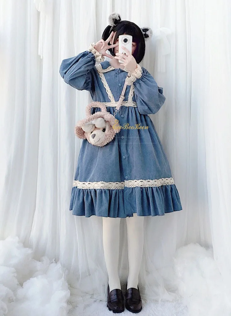 Милое Платье Лолиты для девочек, маскарадный костюм на Хэллоуин, Женская Вельветовая униформа, розовое/Голубое Кружевное милое платье принцессы Лолиты с пышными рукавами