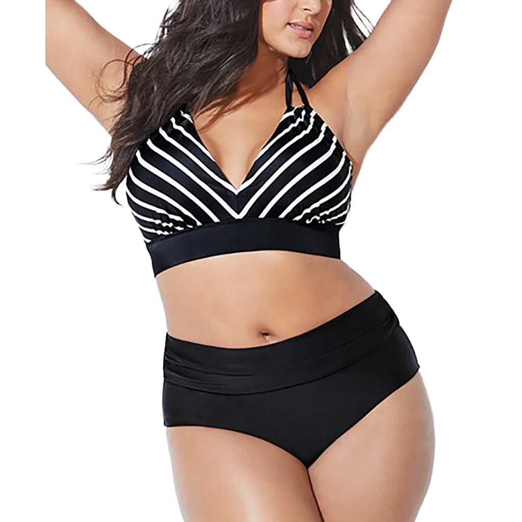 

MUQGEW high waist bikini plus size swimwear women Solid Beach Bathing Suits Sexy stripes bikini set biquine feminino praia