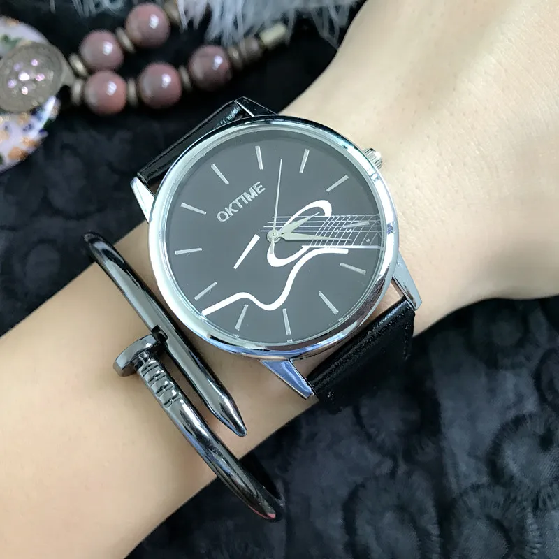 

2016 Music Enthusiast Guitar Instrument Female Watch, High-Quality Genuine Leather Strap Keyboard Notes Balck Dial Quartz Watch