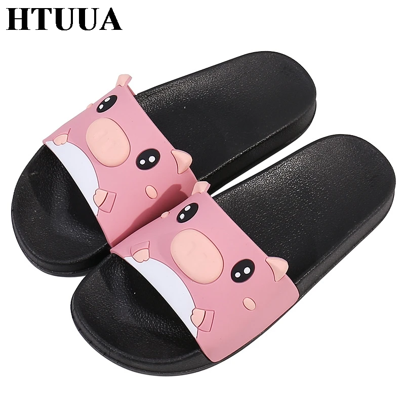 

HTUUA Animal Pig Slippers Women Flat Slides Non-slip Bathroom Indoor Home Slippers Summer Shoes Woman Beach Flip Flops SX2357