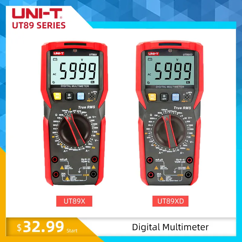 

UNI-T UT89XD True RMS Digital Multimeter Tester AC DC Voltmeter Ammeter 1000V 20A Capacitance Frequency Resistance LED Measure