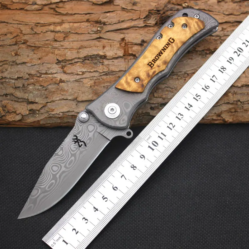 Survival Knife BROWNING Pocket Hunting Damascus Pattern Folding Blade