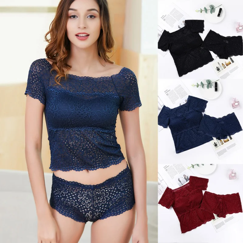 

Women Long Lingerie Set Mesh Anti-light High Stretchy Cotton Padded Adjust-strap Knitted Beauty Back Knitted Lingerie Set