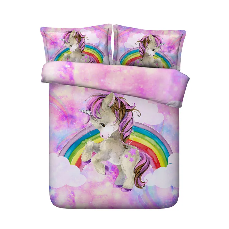 

Romantic rainbow unicorn comforter beddings single twin queen king size 3d cartoon girl duvet cover set bed linen roon decor kid