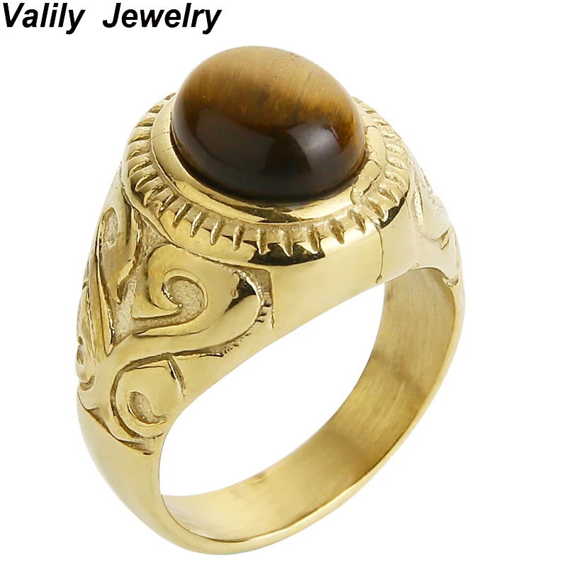 

Valily Jewelry Mens Ring Gold Tiger Eye Rings Stainless Steel Flower Stone Wedding Band Rings for Women Classic Jewelry bague