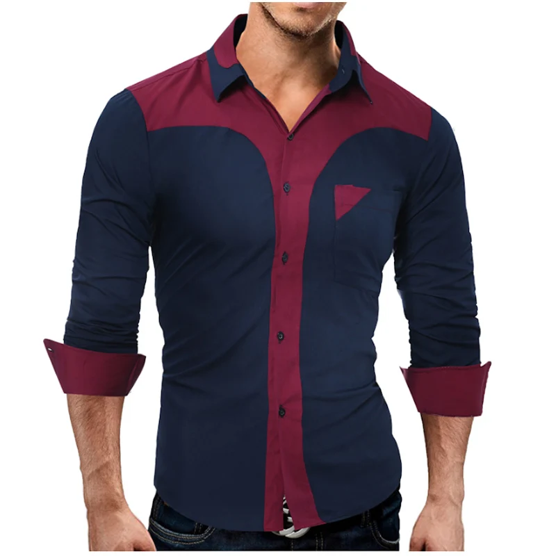 

Brand 2018 Fashion Male Shirt Long-Sleeves Tops Fashion Youth Hit Color Splice Mens Dress Shirts Slim Men Shirt XXXL