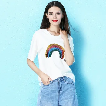 

Nordic winds women's fashion rainbow sequins short-sleeved wild casual t-shirt summer women NW19B6190