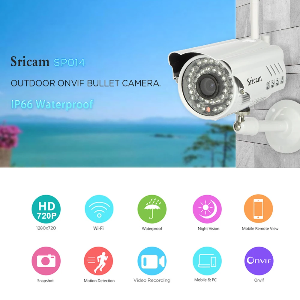 Sricam sp014 IP Камера WI-FI HD 720 P 1.0mp Водонепроницаемый Беспроводной CCTV IP66 Ночное видение