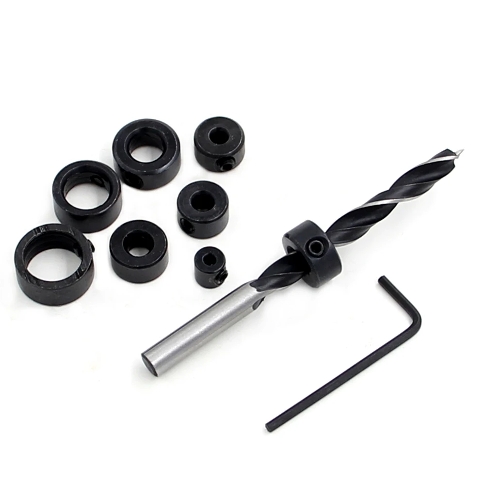 8Pcs Countersink Drill Bit Set Adjustable Depth Stop Collar Drilling DIY Woodworking Tools
