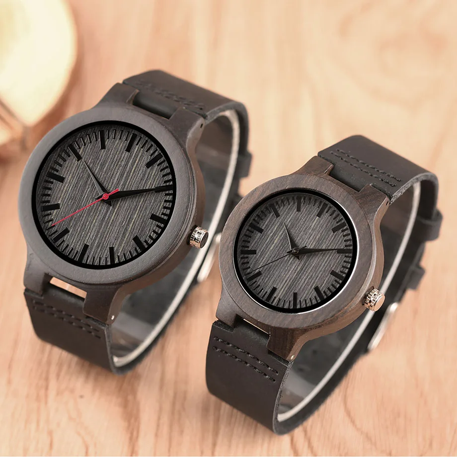 Minimalist Sandal Wood Watch for Couple Brand Design Black Real Leather RedBlack Second Hand Quartz Bracelet Sweetheart Gift  (8)
