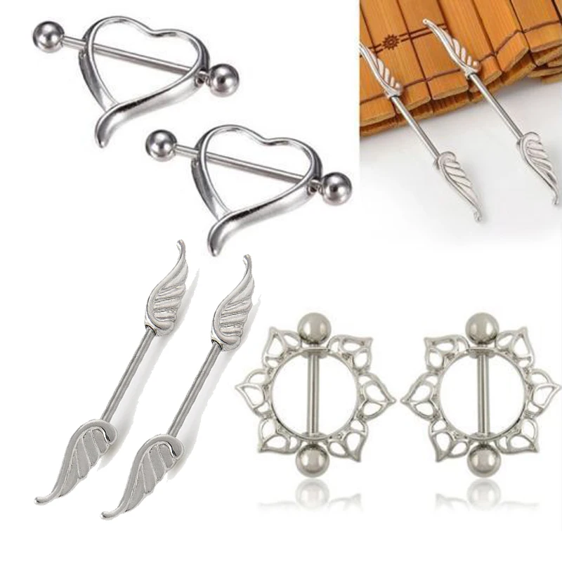 

Sale 1Pair Silver color Heart Wing Flower Barbell Nipple Ring Body Piercing earrings for women girls Jewelry Gift