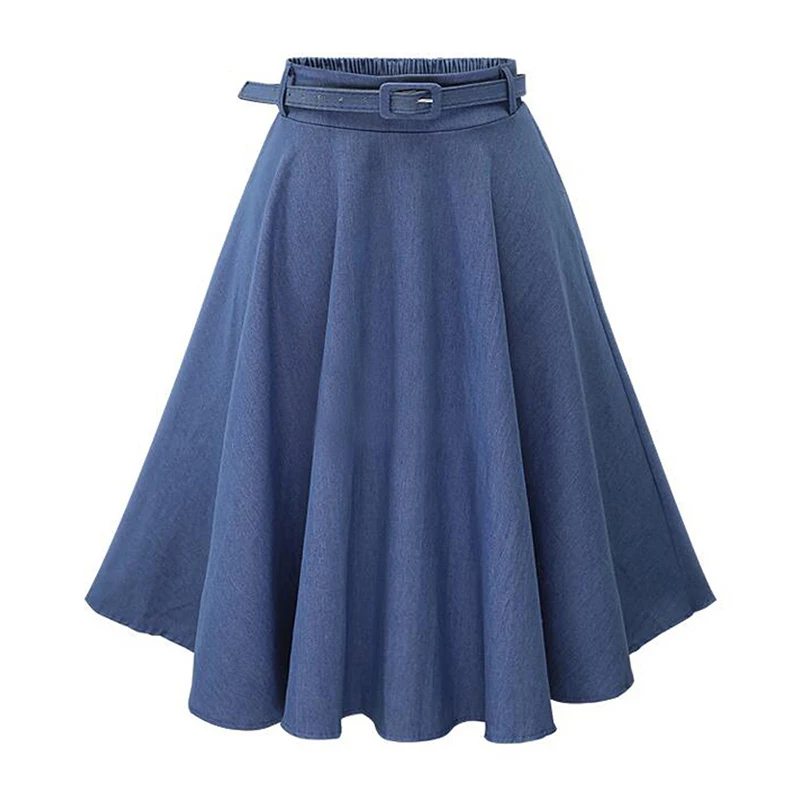 

High Waist Sashes Midi Denim Skirt A-Line Casual Ladies Bottoms Trendy Female Skirts Bottoms Hot New For Women
