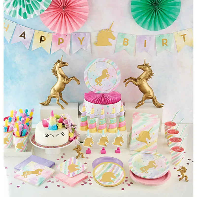 1set Gold Unicorn Party Decor Wedding Birthday Unicorn Theme Paper Cup Napkins Plate Table Cloth Kids Happy Birthday Gifts