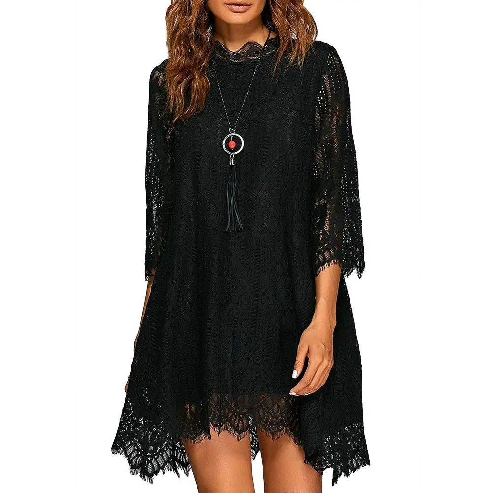 

Plus Size Summer Fashion Women Clothing Dresses 3/4 Sleeve Casual Loose Irregular Hem Plain Openwork Lace Lady Party Mini Dress