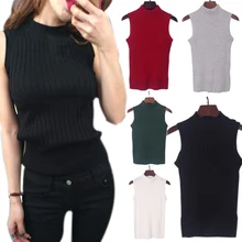 New Spring Summer Basic Knitted Tops T-shirt Women Clothes Turtleneck Sleeveless Slim Vest Short Knitwear -MX8
