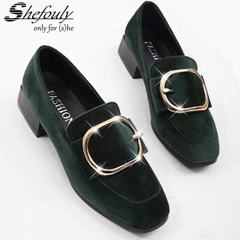 

Shefouly 2017 British Style Square Shoes for Women Girls with Metal Decoration Flock Square Heel Fashional High Heels