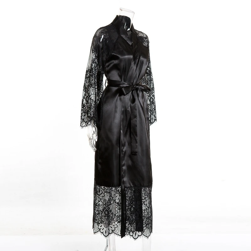 Летнее кружевное лоскутное атласное кимоно халат сексуальная одежда для сна Нижнее белье Женская шелковая длинная ночная рубашка Женская однотонная одежда с длинным рукавом